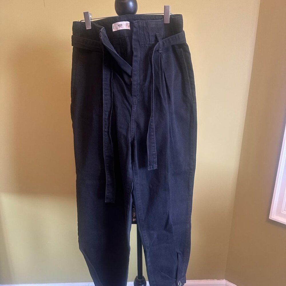 Mango NWOT Black Barrel Leg Jeans High Rise Pleated Cuffed Belted Balloon Denim - Picture 4 of 14